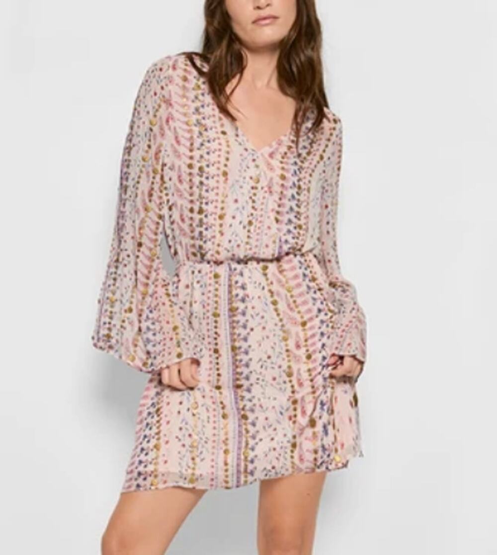 AS by DF Flora Embellished Long Sleeve Silk Mini Dress Pink Small